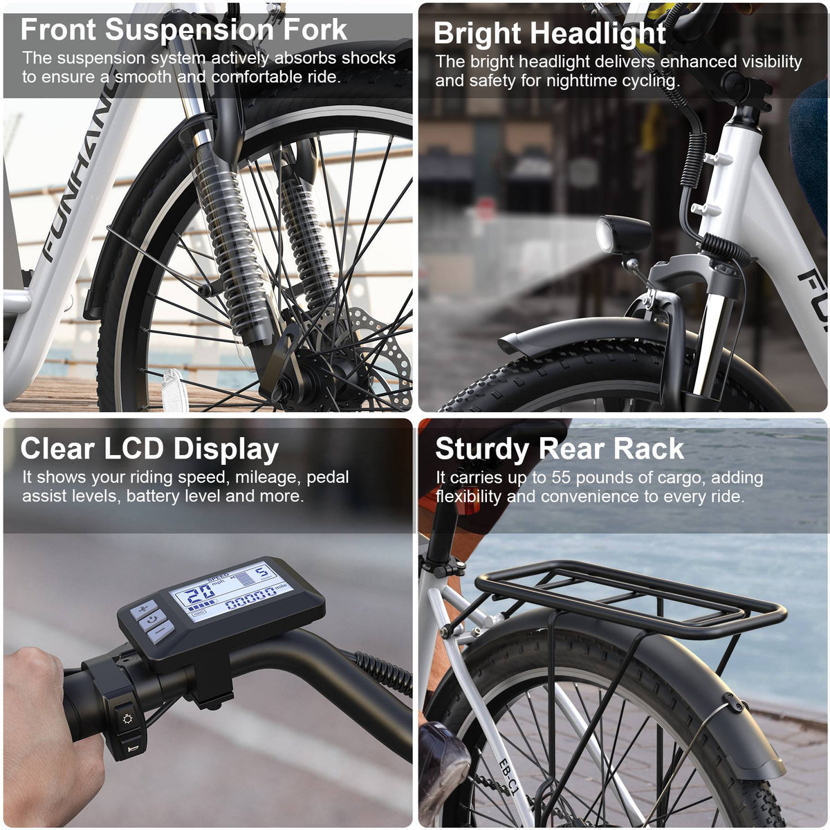 Funhang Electric Bike for Adults, 26" City Cruiser Ebike with 1000W Peak Motor, 20MPH 50 Miles Commuter Adult Electric Bicycles with 48V Battery, Adjustable Stem, 7-Speed, UL 2849 Certified