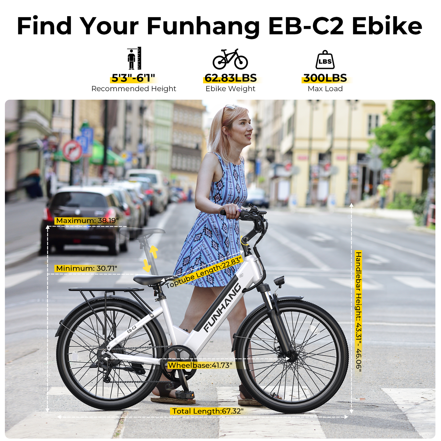 Funhang Electric Bike for Adults, 1000W Peak Ebike, 50Miles 21.7MPH Step Thru Electric Bicycle, 26" Commuter E Bikes with 48V Built-in Removable Battery, Adjustable Stem, 7-Speed, UL 2849 Certified