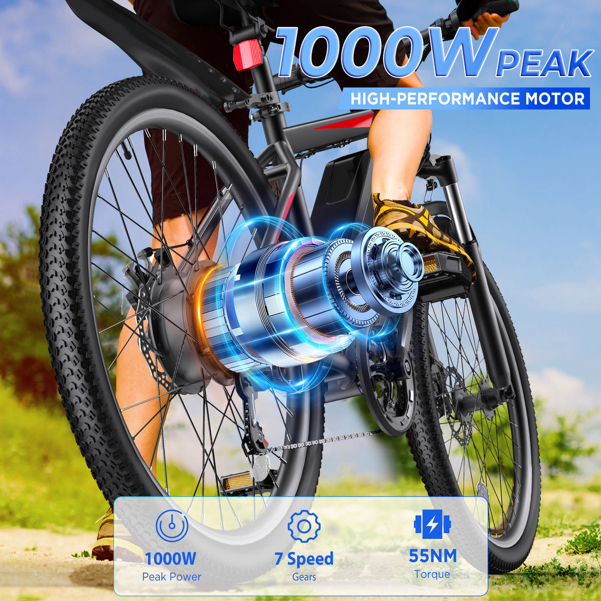 Electric Bike, 26'' 1000W Peak Ebike, Up to 50 Miles Electric Mountain Bike with 48V Removable Battery, Front Suspension, 7 Speed, UL 2849 Certified