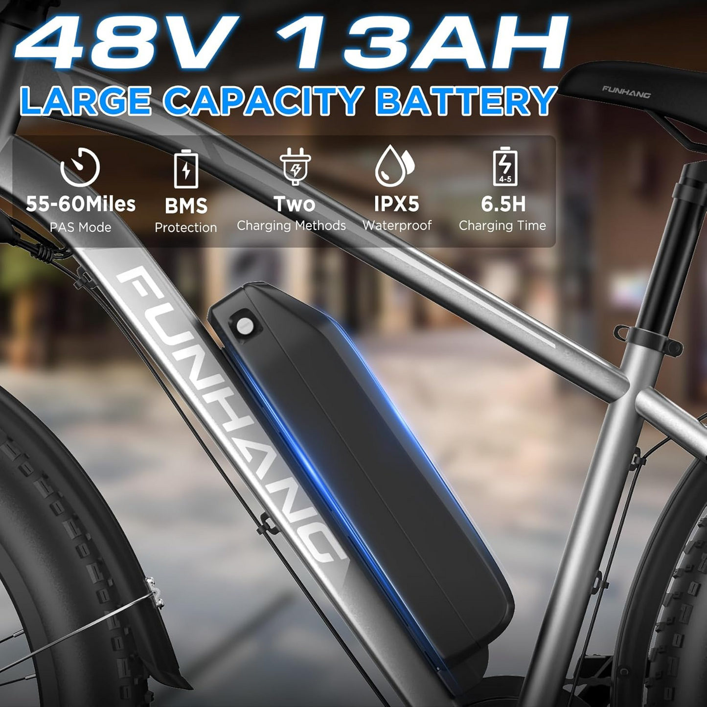 Funhang Electric Bike,1000W Peak Ebike, 25MPH 60Miles Ebikes for Adults with 48V 13AH Battery, 26" X4" Fat Tire Electric Bicycle, Front Suspension, 7 Speed, Rear Rack, Turn Signal, UL 2849 Certified