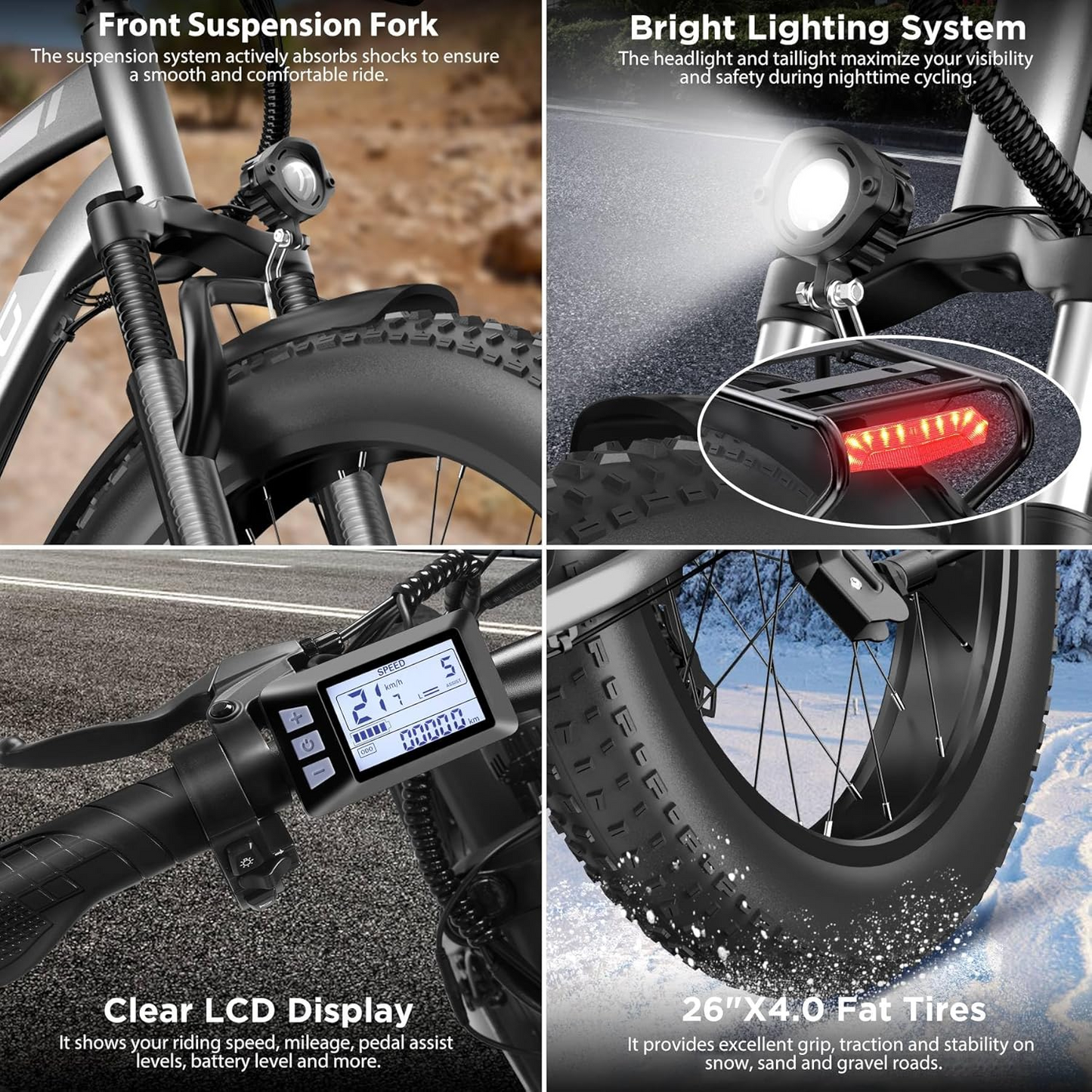 Funhang Electric Bike,1000W Peak Ebike, 25MPH 60Miles Ebikes for Adults with 48V 13AH Battery, 26" X4" Fat Tire Electric Bicycle, Front Suspension, 7 Speed, Rear Rack, Turn Signal, UL 2849 Certified