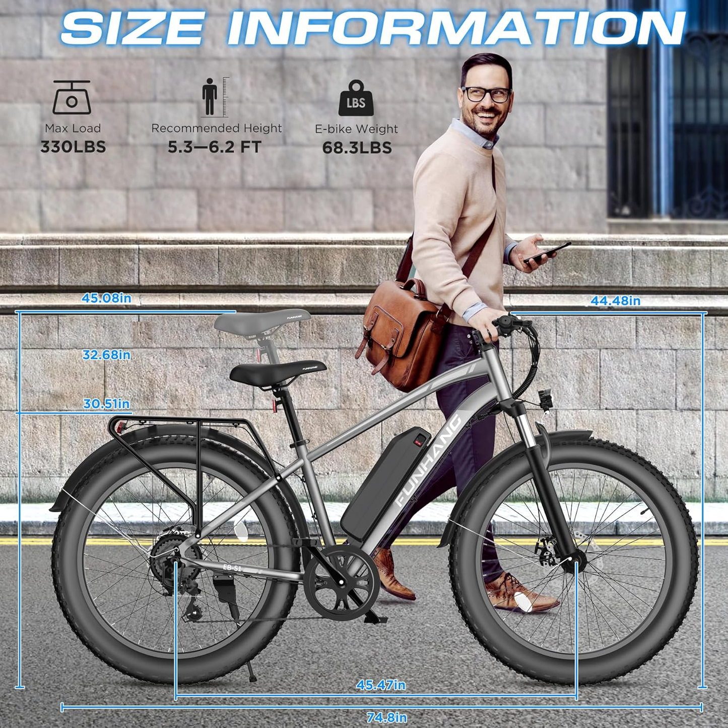 Funhang Electric Bike,1000W Peak Ebike, 25MPH 60Miles Ebikes for Adults with 48V 13AH Battery, 26" X4" Fat Tire Electric Bicycle, Front Suspension, 7 Speed, Rear Rack, Turn Signal, UL 2849 Certified