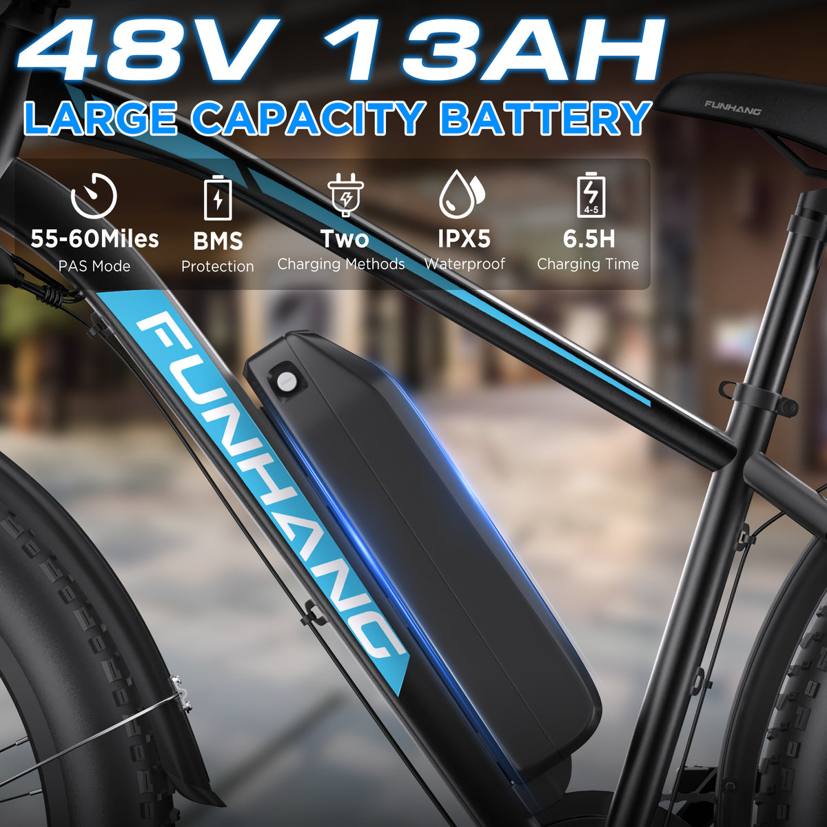 Funhang Electric Bike for Adults, 1000W Peak Ebike, 20MPH 60Miles Electric Mountain Bike, 26" Fat Tire Electric Bicycle with 48V 13AH Battery, Front Suspension,7 Speed, Rear Rack