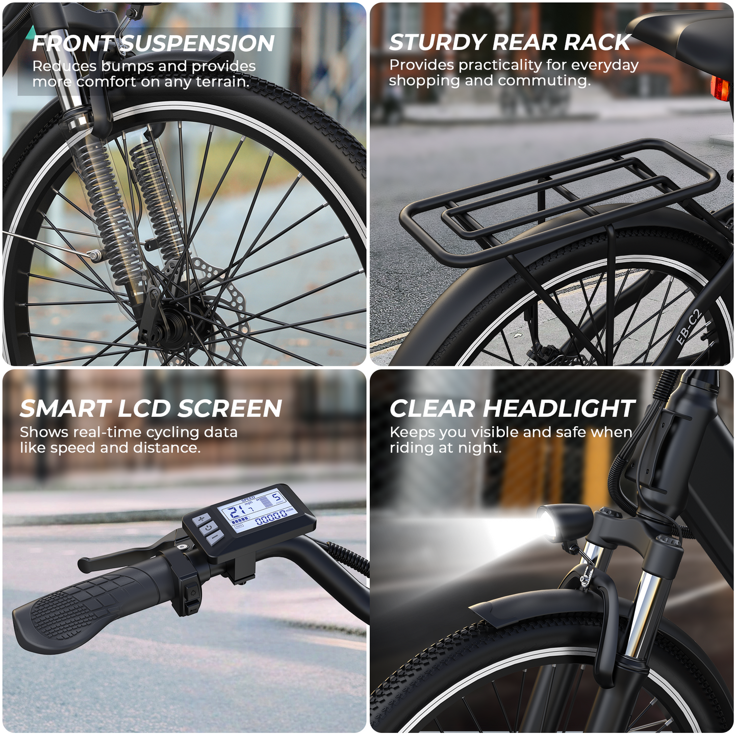 Funhang Electric Bike, 1000W Peak EBike, 50 Miles 21.7MPH Ebikes for Adults with 48V Built-in Removable Battery, Adjustable Stem,7 Speed, Rear Rack, 26" Step-Thru E Bike for Commute