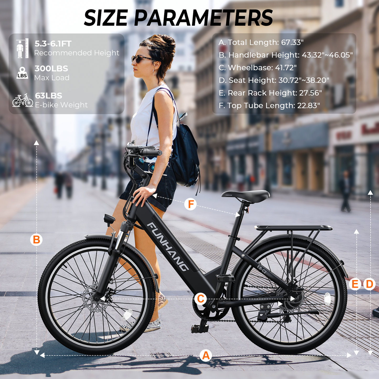 Funhang Electric Bike, 1000W Peak EBike, 50 Miles 21.7MPH Ebikes for Adults with 48V Built-in Removable Battery, Adjustable Stem,7 Speed, Rear Rack, 26" Step-Thru E Bike for Commute
