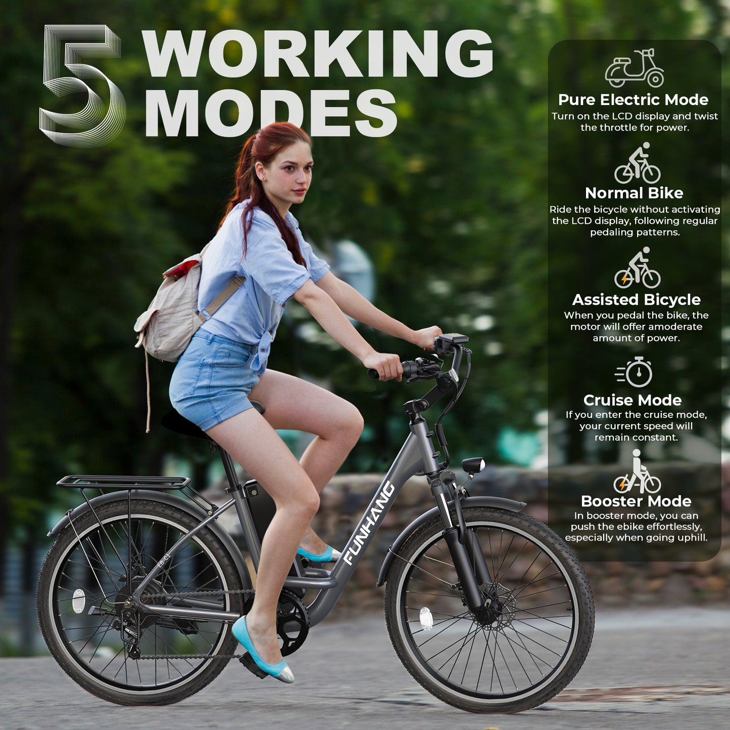 Funhang Electric Bike,26" City Cruiser Ebike with 1000W Peak Motor, 20MPH 50 Miles Commuter Adult Electric Bicycles with 48V Battery