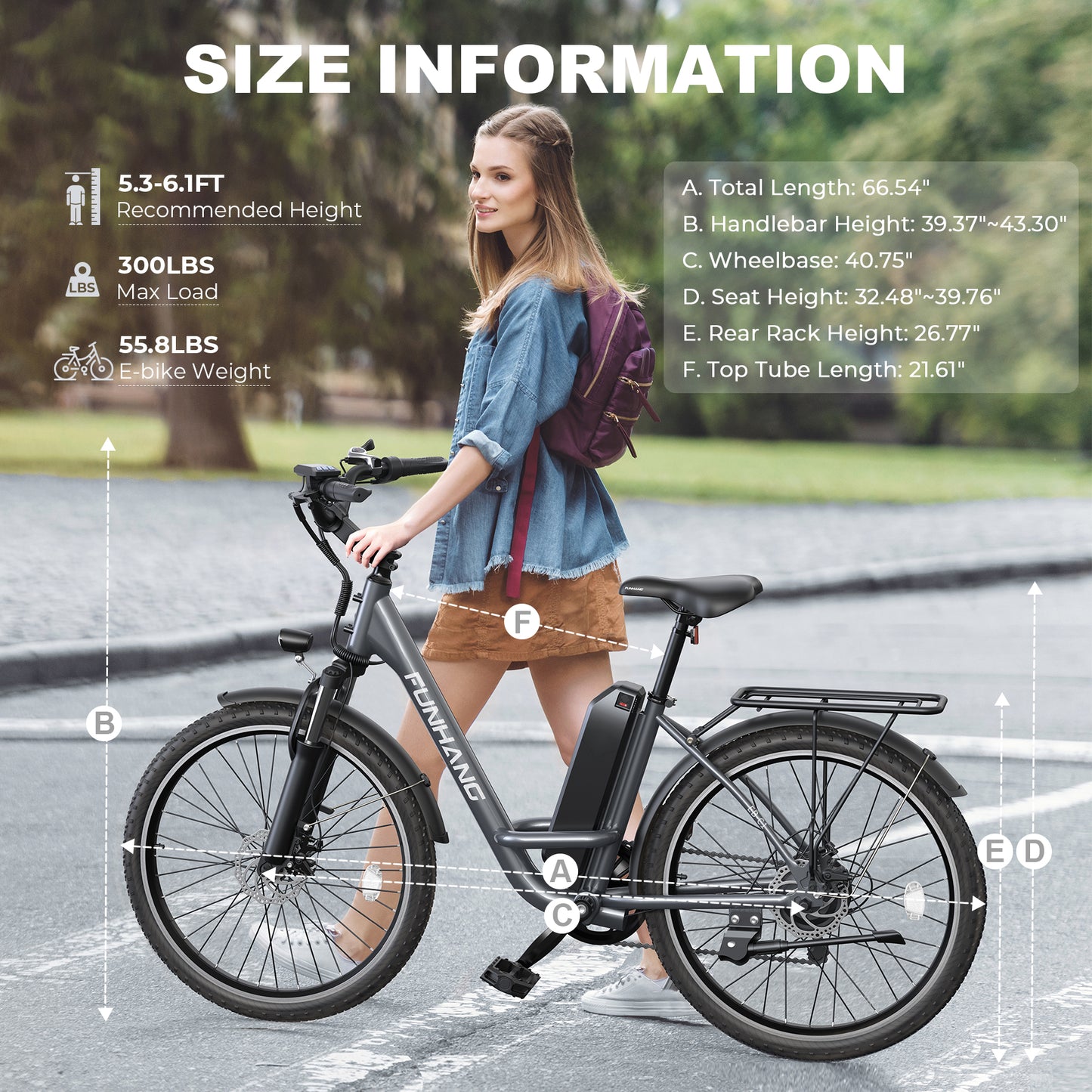 Funhang Electric Bike,26" City Cruiser Ebike with 1000W Peak Motor, 20MPH 50 Miles Commuter Adult Electric Bicycles with 48V Battery